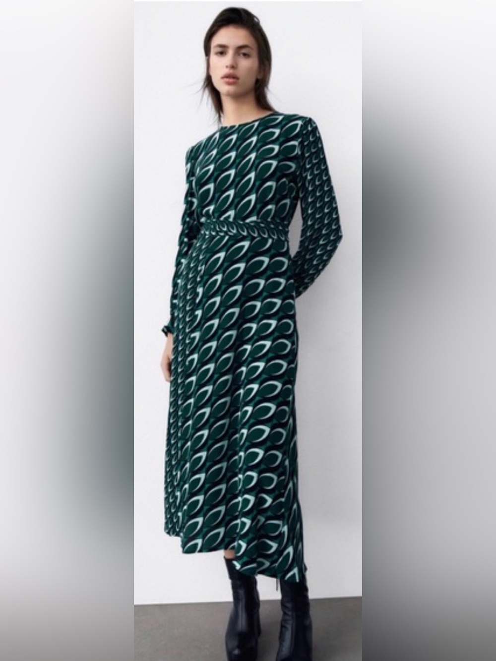 Zara Teardrop-Print Long Sleeve Green Midi Dress size S